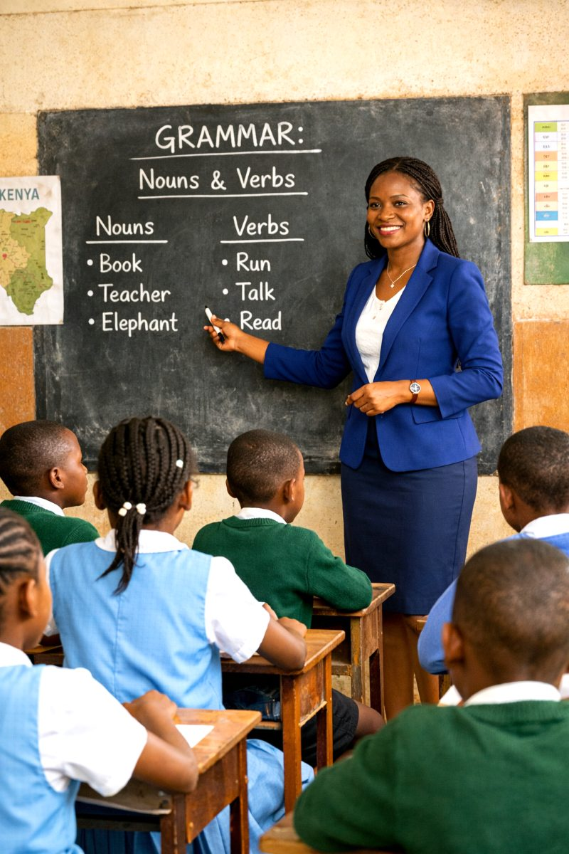 A teacher leading a grammar lesson at the blackboard